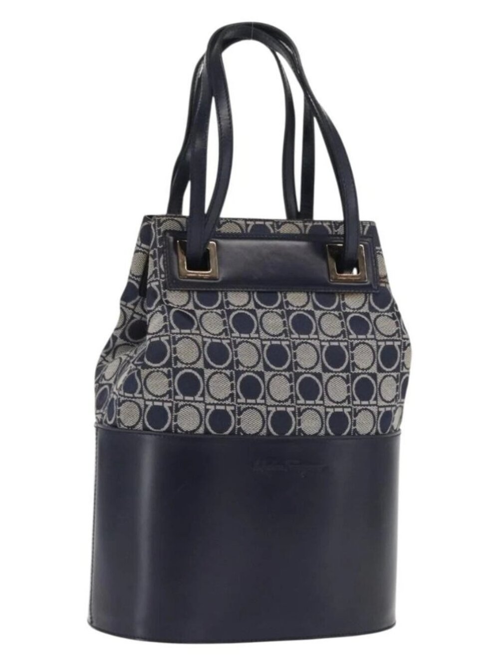 Salvatore Ferragamo Gancini Shoulder Bag Canvas Navy Gold Auth BA10109 - Picture 1 of 16